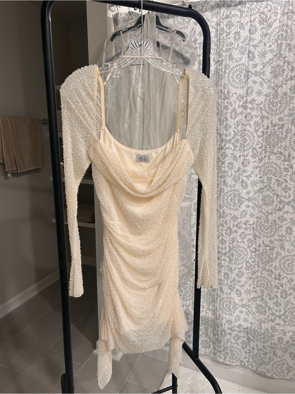 Oh Polly Cream Pearl-Embellished Cowl Neck Long Sleeve Dress